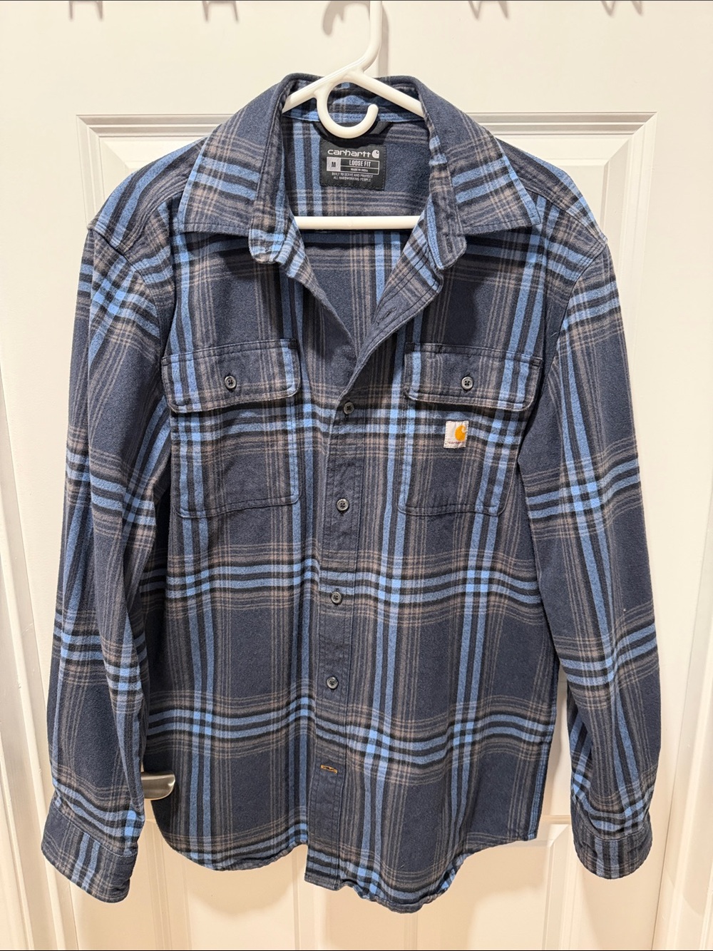 Carhartt Men’s Navy and Light Blue Plaid Button-Down Shirt